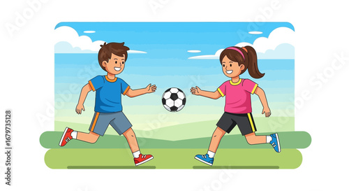 Cheerful Kids Playing Football Outdoors in Animated Illustration Style For Sport Themes