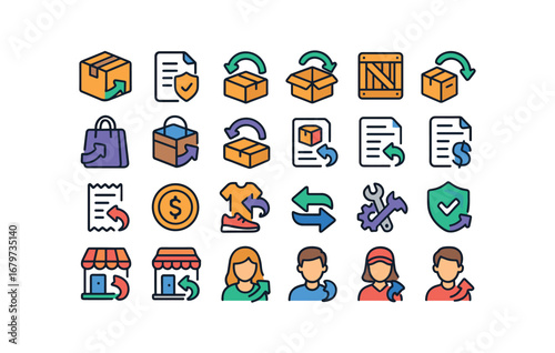 colorful flat vector icons Return (Process) return package return order return item return product return goods return box return bag return crate return parcel return label return slip.