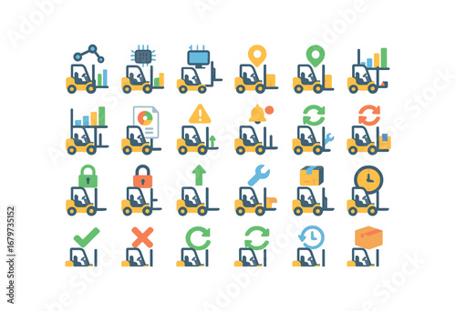 colorful flat vector icons Forklift (Advanced) forklift smart forklift ai forklift monitor forklift tracker forklift stats forklift chart forklift graph forklift report forklift alert.