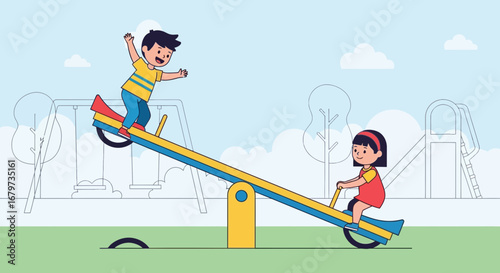 Cheerful Kids Playing On Seesaw, Enjoying The Fun Of Playtime In The Park Outdoors