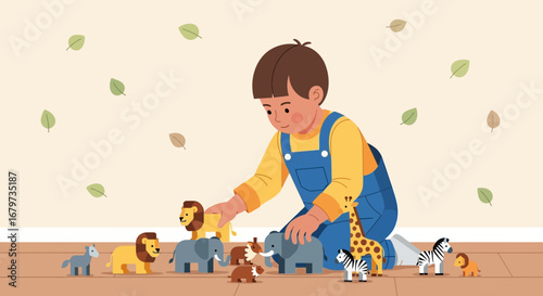Child Playing With Wooden Animal Toys, Fun, Joyful and Educational Activities