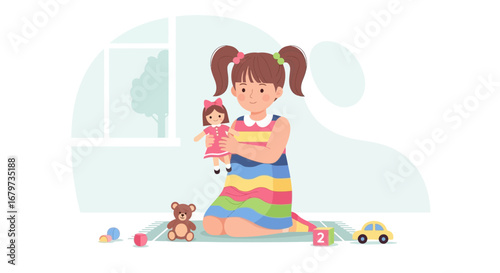 Child Playing With Toys, A Girl With a Doll, Happiness and Childhood Illustration