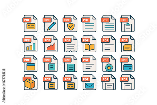 colorful flat vector icons PDF (Types) pdf invoice pdf contract pdf policy pdf terms pdf report pdf chart pdf graph pdf receipt pdf manual pdf guide pdf tutorial pdf ebook pdf article pdf.
