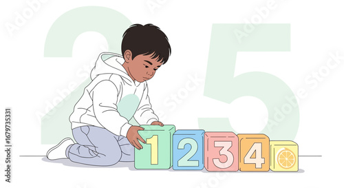 Child Plays With Numbered Blocks Promoting Counting and Early Education Concept
