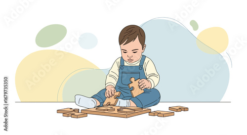 Child Plays With Wooden Puzzle, A Scene Displaying Early Childhood Development