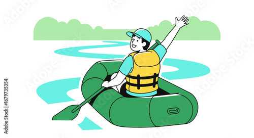 Cheerful person rafting on a river, waving and enjoying the outdoor adventure activity