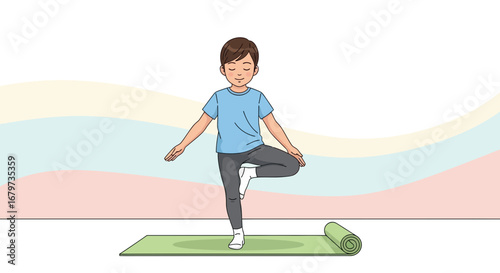 Child Practicing Yoga Tree Pose Balance Exercise Meditation And Wellness Illustration