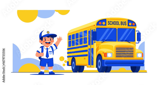 Cheerful Schoolboy And Bright Yellow Bus Illustration Ready For The Start Of The Day