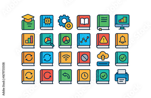 colorful flat vector icons Book (Advanced) book smart book ai book auto book manual book tracker book monitor book report book stats book chart book graph book alert book notify book synced.