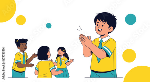 Cheerful Schoolchildren Celebrating And Applauding With Joyful Gestures Together
