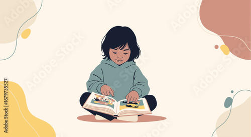 Child Reading A Book With Illustrations, Enjoying Story Time, Learning And Growing