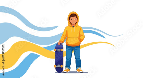 Cheerful Skateboarder Posing With Board In Yellow Hoodie With Wave-Shaped Illustration