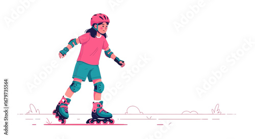 Cheerful Skater, Sporty Girl Displaying Balanced Movement, Protective Gear and Active Lifestyle