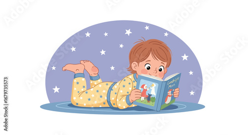 Child Reading Bedtime Story Under Starry Night Sky, Peaceful Sleepy Illustration or Design