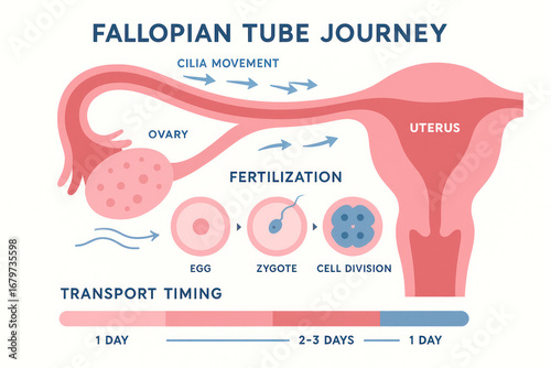 Fallopian Tube Journey: Illustration of fertilization, egg transport, and female reproductive system anatomy. [Illustration]