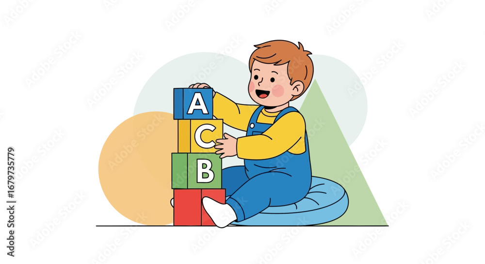 Naklejka premium Cheerful Toddler Playing With Colorful, Educational Letter Blocks During Playtime Activities