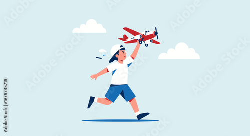 Child Running With Toy Airplane, Imagines Flight, Hopes For Adventure, Sky Background Illustration