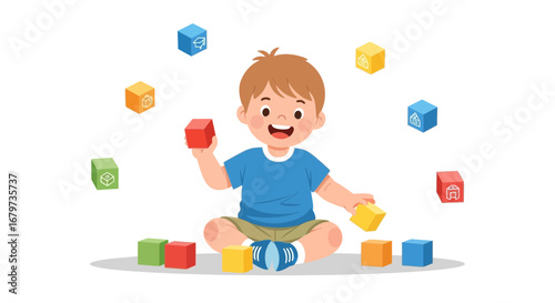 Cheerful Toddler Entertains With Building Blocks, Demonstrating Playtime, and Joyful Fun