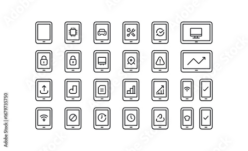 vector outline icons Tablet (Advanced) tablet smart tablet ai tablet auto tablet manual tablet synced tablet unsynced tablet secure tablet unsecure tablet monitor2 tablet track tablet alert.