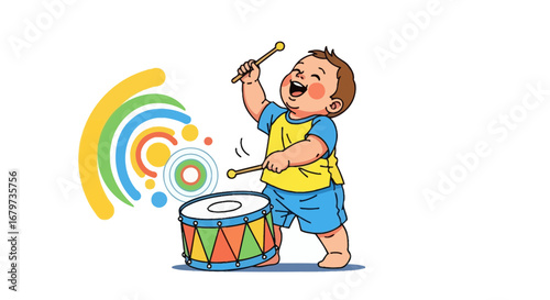 Cheerful Toddler Making Music with Vibrant Drum and Colorful Sound Waves