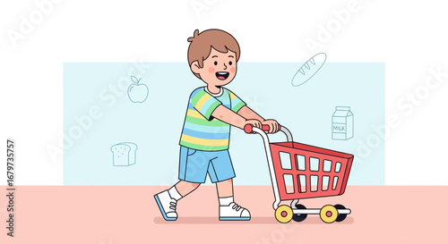 Child shopping with a grocery cart at the supermarket cartoon illustration