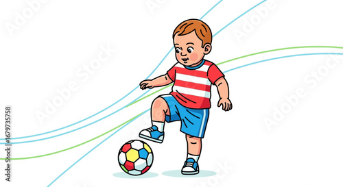 Cheerful Toddler Kicking Soccer Ball, Childhood Sporting Fun, Playful Illustration