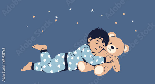 Child Snuggling Teddy Bear Under Starry Sky, Peaceful Slumber and Serene Dreams Awaits