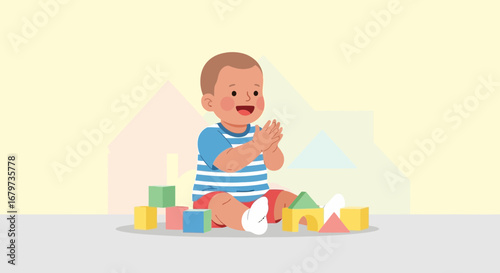 Cheerful Toddler Playing With Blocks, A Joyful Moment Of Early Childhood Development