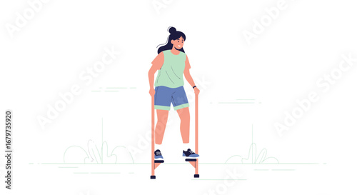 Cheerful Woman On Stilts Displays Balance and Joy in a Minimalist Artistic Illustration