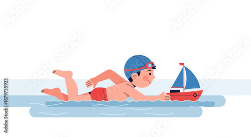 Child Swimming And Playing With A Toy Boat, Happy And Enjoying Time