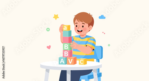 Cheerful Young Boy Building Tower Of Alphabet Blocks, Learning And Development Concept