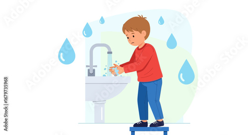 Child Washing Hands Under A Tap in A Bright Illustrated Flat Vector Style Design