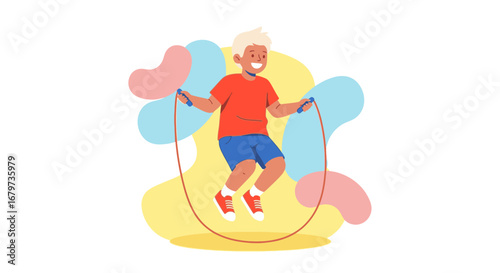 Cheerful Young Boy Jumping Rope in Playful Illustration Against a Colorful Background