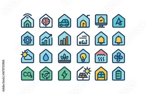 colorful flat vector icons Greenhouse (Advanced) greenhouse smart greenhouse ai greenhouse auto greenhouse manual greenhouse monitor greenhouse track greenhouse optimize greenhouse stats.