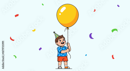 Child With a Ballon Attending a Celebration With Colorful Confetti in the Air