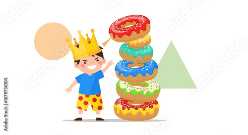 Cheerful Young King Celebrates With A Tower Of Delicious, Colorful Doughnuts