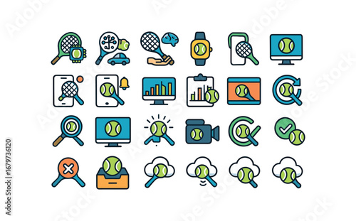 colorful flat vector icons Tennis (Advanced) tennis smart tennis ai tennis auto tennis manual tennis tracker tennis monitor tennis alert tennis notify tennis stats tennis chart tennis graph.