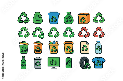 colorful flat vector icons Recycling (Basic) recycling icon recycling bin recycling bag recycling box recycling open recycling closed recycling add recycling remove recycling active.