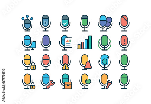 colorful flat vector icons Microphone (Advanced) mic smart mic ai mic auto mic manual mic synced mic unsynced mic monitor mic tracker mic report mic stats mic chart mic graph mic online mic.