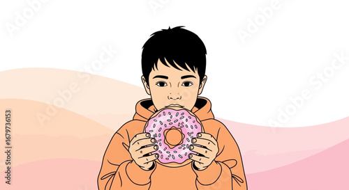 Cheerful Young Person Holding A Sweet Decorated Donut Enjoying A Tempting Snack