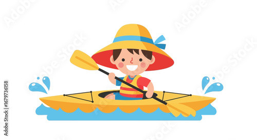 Cheerful Young Person Kayaking on Sunny Water with a Paddle and a Big Hat