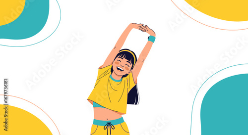 Cheerful Young Person Stretching Arms in Fitness Attire Against White Background
