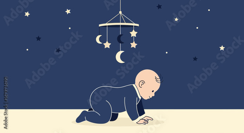 Childhood Dreams Under Celestial Glow: A Baby Crawling Toward Nighttime Serenity