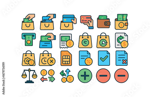 colorful flat vector icons Checkout (Finance) checkout cash checkout card checkout credit checkout debit checkout wallet checkout loan checkout atm checkout bill checkout receipt checkout.