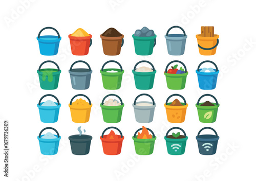 colorful flat vector icons Bucket (Types) bucket water bucket sand bucket soil bucket stone bucket paint bucket cement bucket metal bucket plastic bucket wood bucket glass bucket grain.
