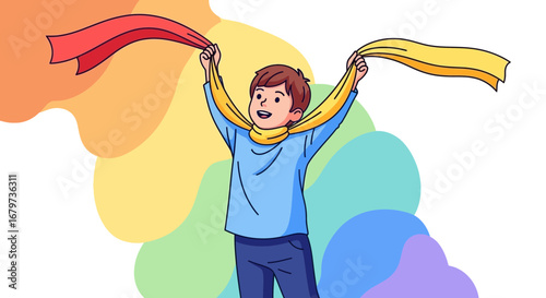 Cheerful Youth Elevates Ribbons Against a Backdrop of Soft Hues and Vibrant Colors