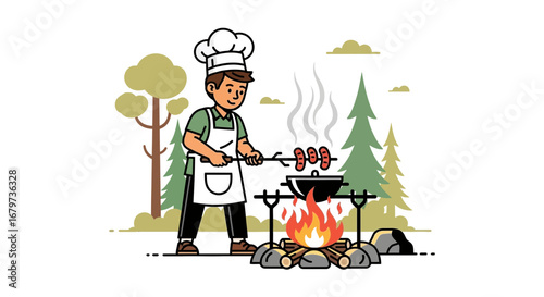 Chef Cooking Sausages Over Campfire Amidst Forest Setting for Outdoor Adventure