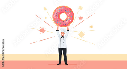 Chef Celebrates with a Giant Donut in a Festive and Celebratory Illustration