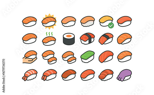 colorful flat vector icons Sushi (Basic) sushi icon sushi new sushi old sushi valid sushi invalid sushi active sushi inactive sushi fresh sushi stale sushi roll sushi nigiri sushi maki.