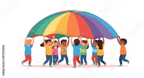 Children Collaborating, Celebrating, And Playing With A Colorful Parachute Together In Harmony